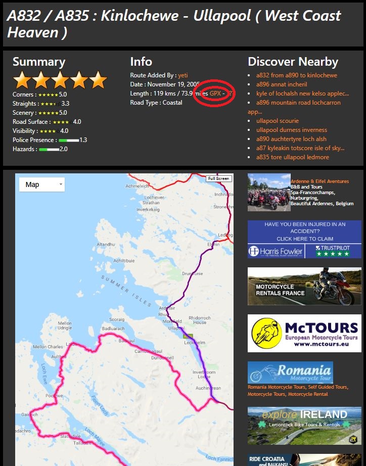 Télécharger le parcours de moto en tant que fichier gpx